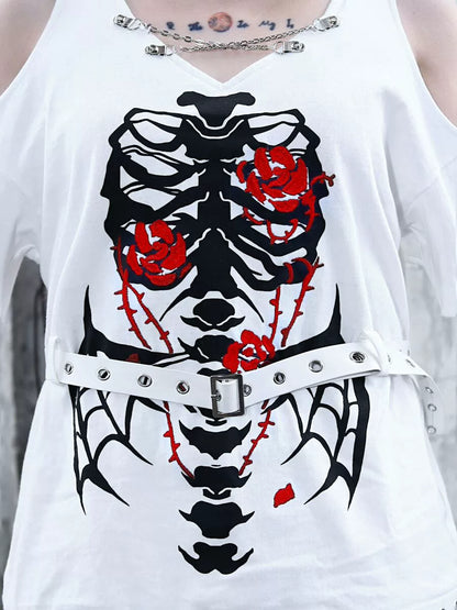 Dunkles Top Ärmel Kette Strick T-Shirt Riemen Split