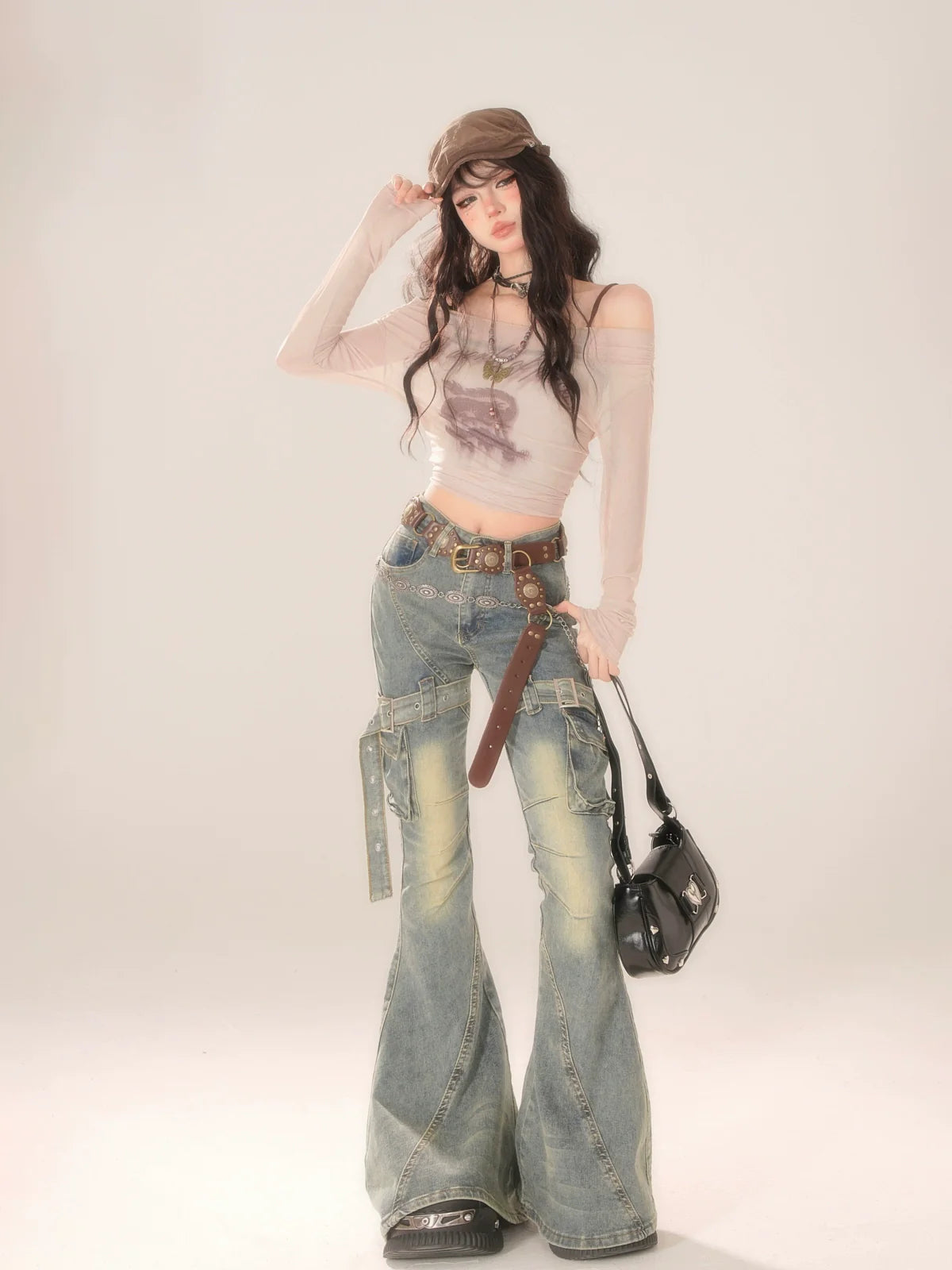 Flared Belt Denim Light-osh Pants