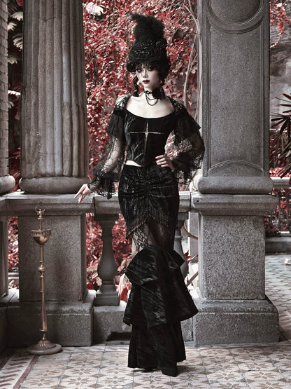 Spider Sleeve Gothic Lantern Top Velvet Lace Cross