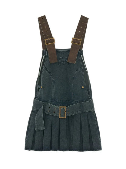 Leather Belted Logo Pleated Denim Suspender Skirt