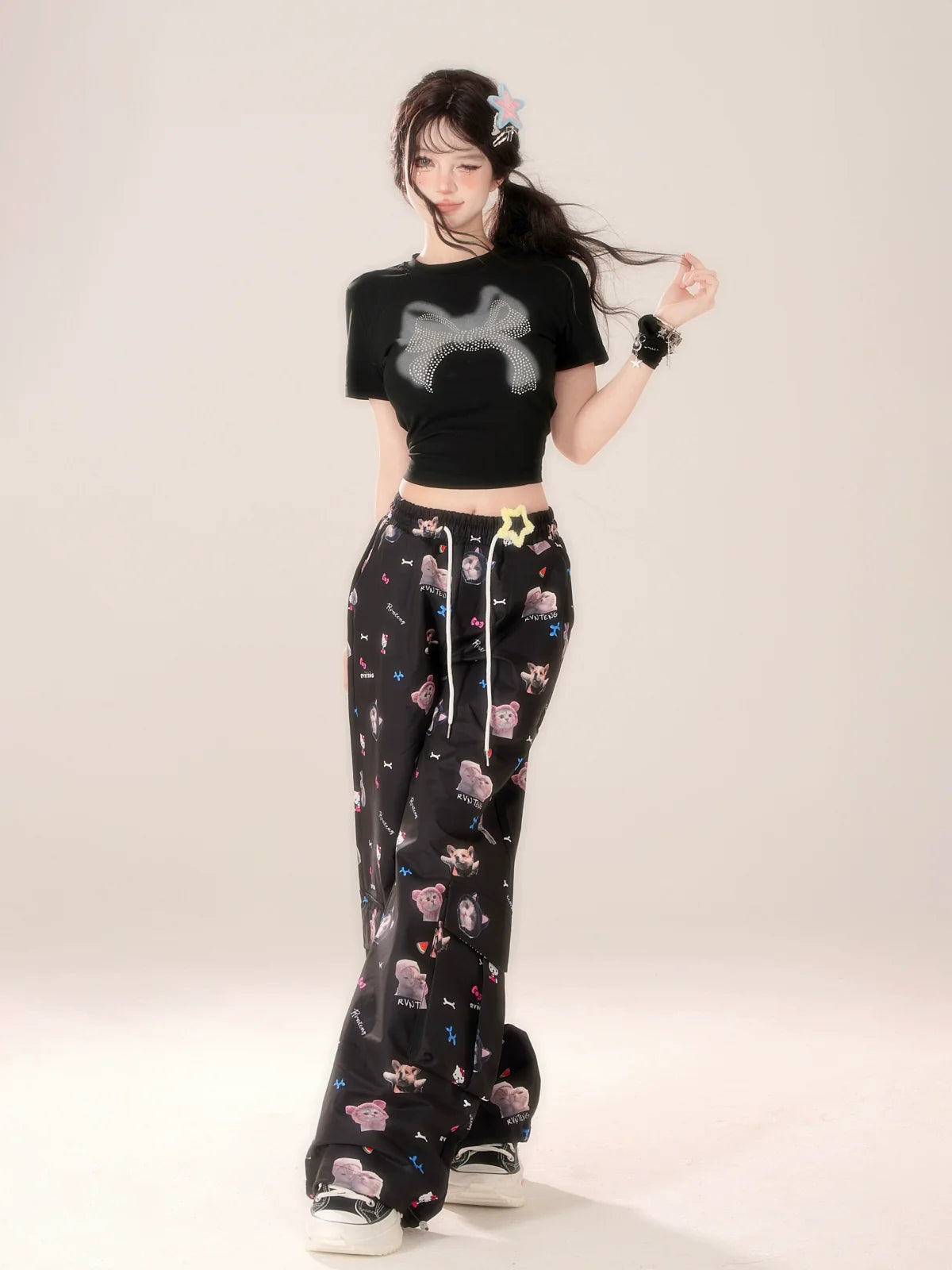 Casual Niche Pants Black Design Hook Cat