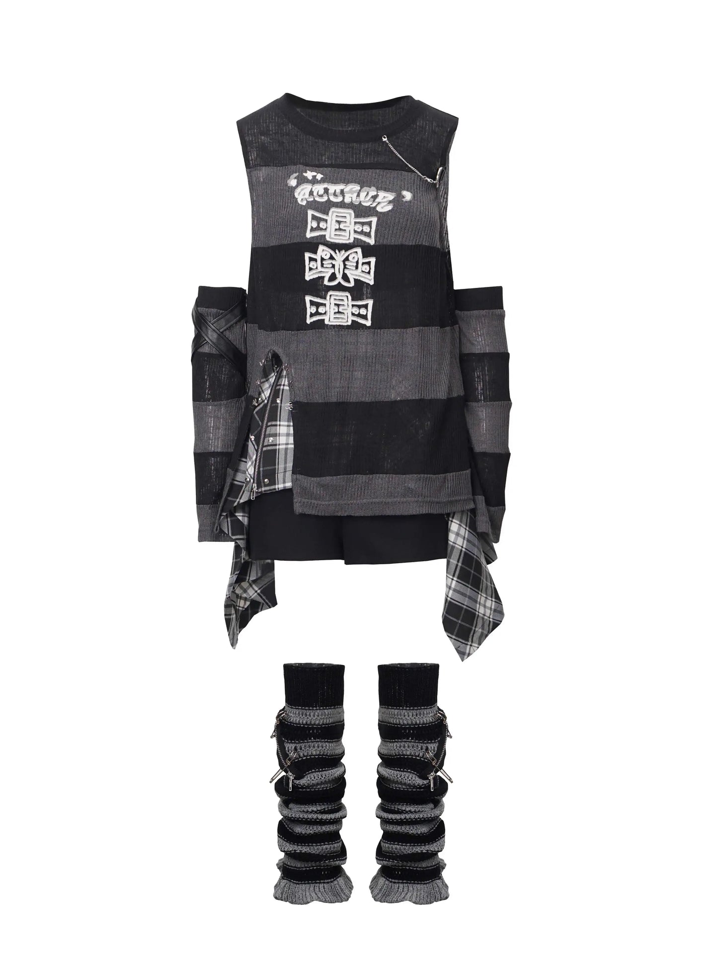 Ensemble gilet à carreaux d'époque + jupe rayée + sans manches + manches rythmées