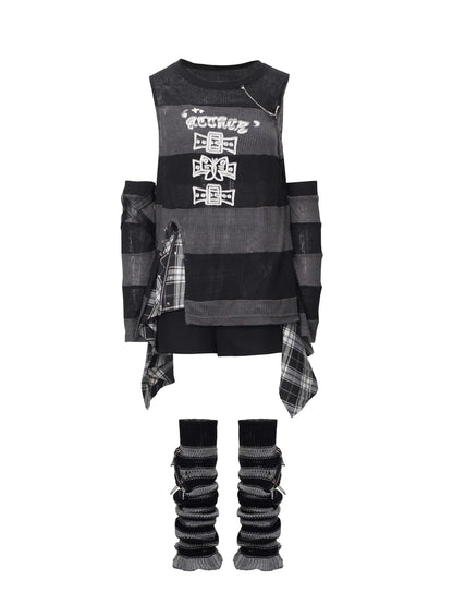 Ensemble gilet à carreaux d'époque + jupe rayée + sans manches + manches rythmées