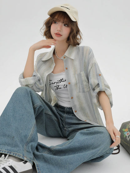 Striped Collar Shirt Loose Contrast