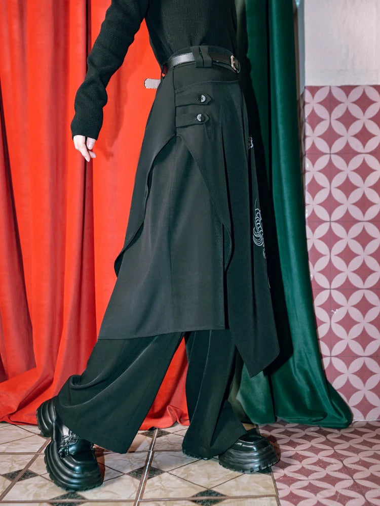 Two Piece Faux Splicing Pants Layered Wide Dragon