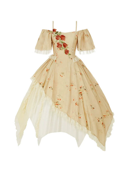 エレガントなストラップスクエアカラーローズオフショルダードレスイレギュラー