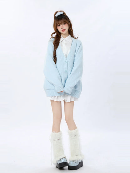 Loose Knit Cardigan Blue Ribbed Cream