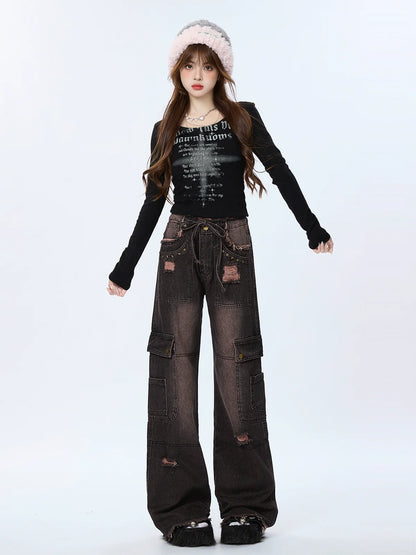 Gradient Retro Cargo Denim Damaged Black Pants