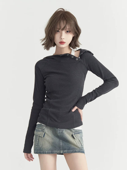 Button Slim Hooded Shoulder Top
