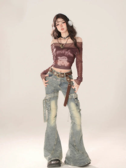 Flared Belt Denim Light-osh Pants
