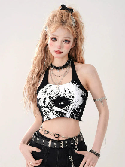 Short Neck Halter Top Girl's Strap Print