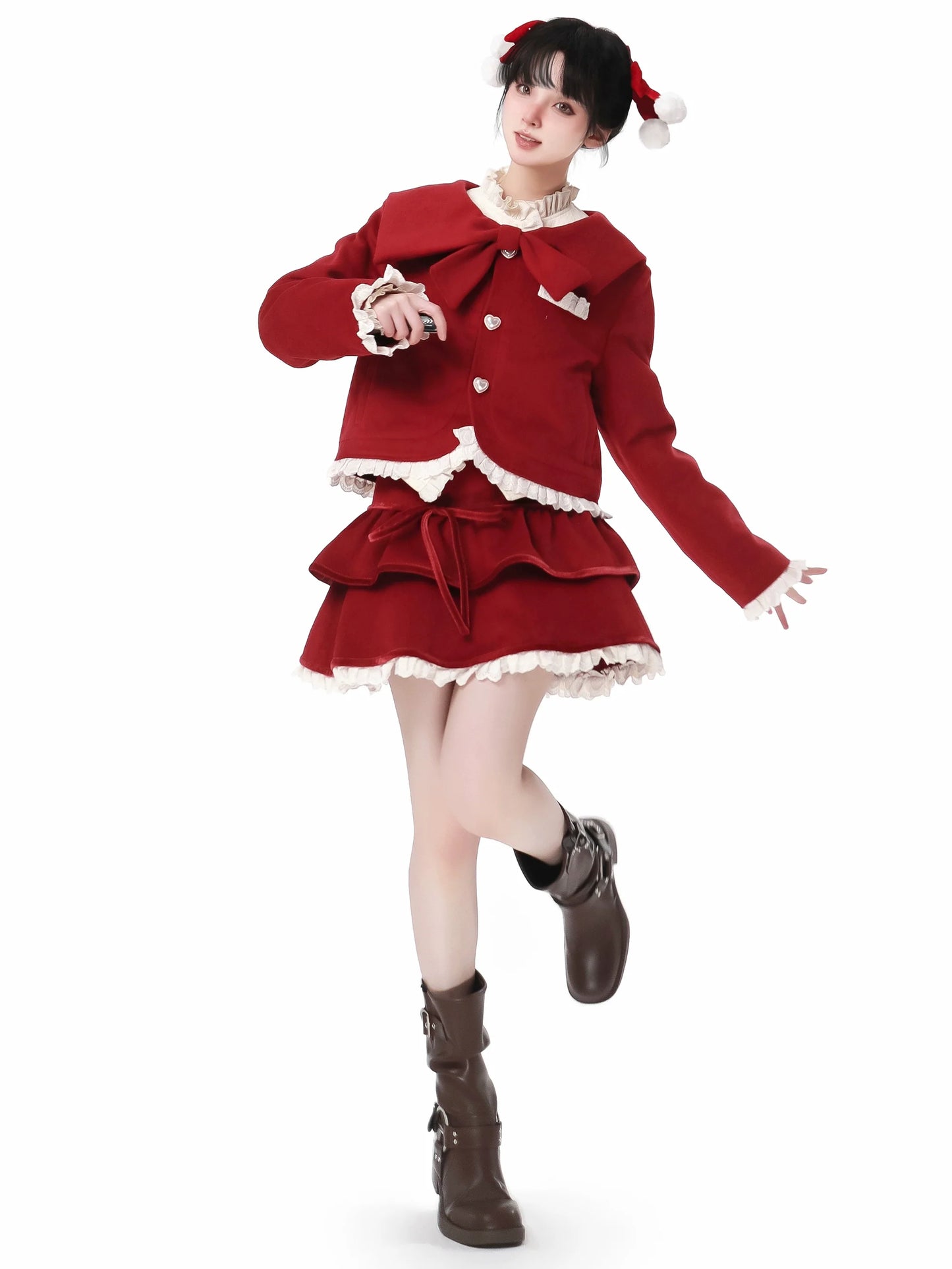 Veste courte à volants en ruban, support de chant, couleur foncée, motif chemise, jupe, costume