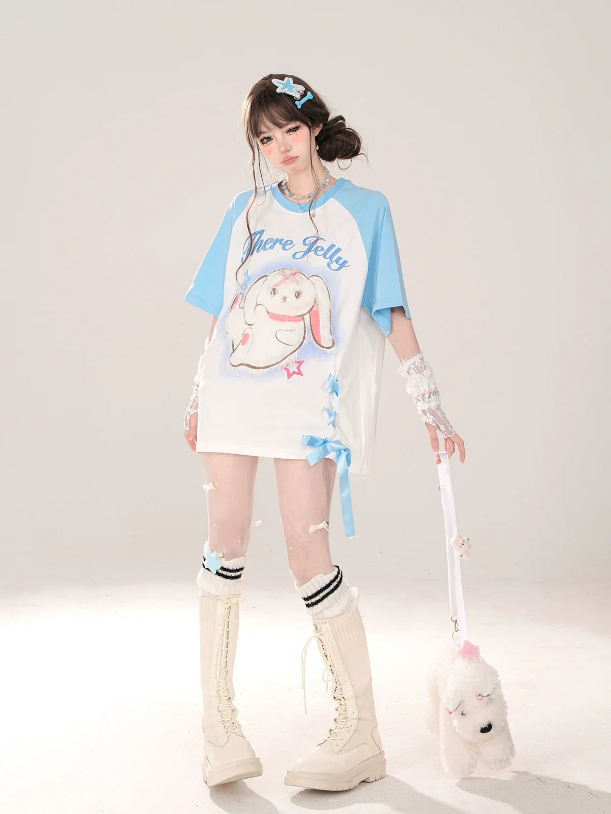 Raglan New T-Shirt Pink Blue Loose Rabbit and Design