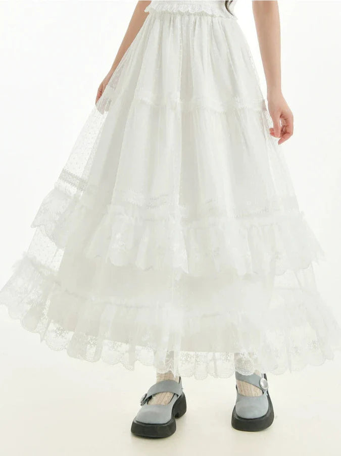 Fairy Style Openwork Knit Cardigan + Camisole Top + Long Cake Skirt
