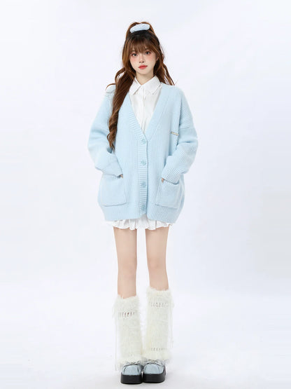Loose Knit Cardigan Blue Ribbed Cream