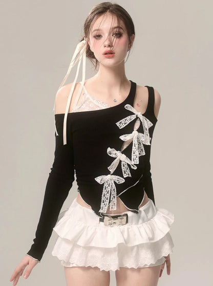 Asymmetrical Top Off-Shoulder Faux Ribbon Lace Black Two Piece
