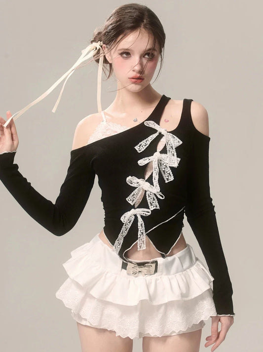 Asymmetrical Top Off-Shoulder Faux Ribbon Lace Black Two Piece