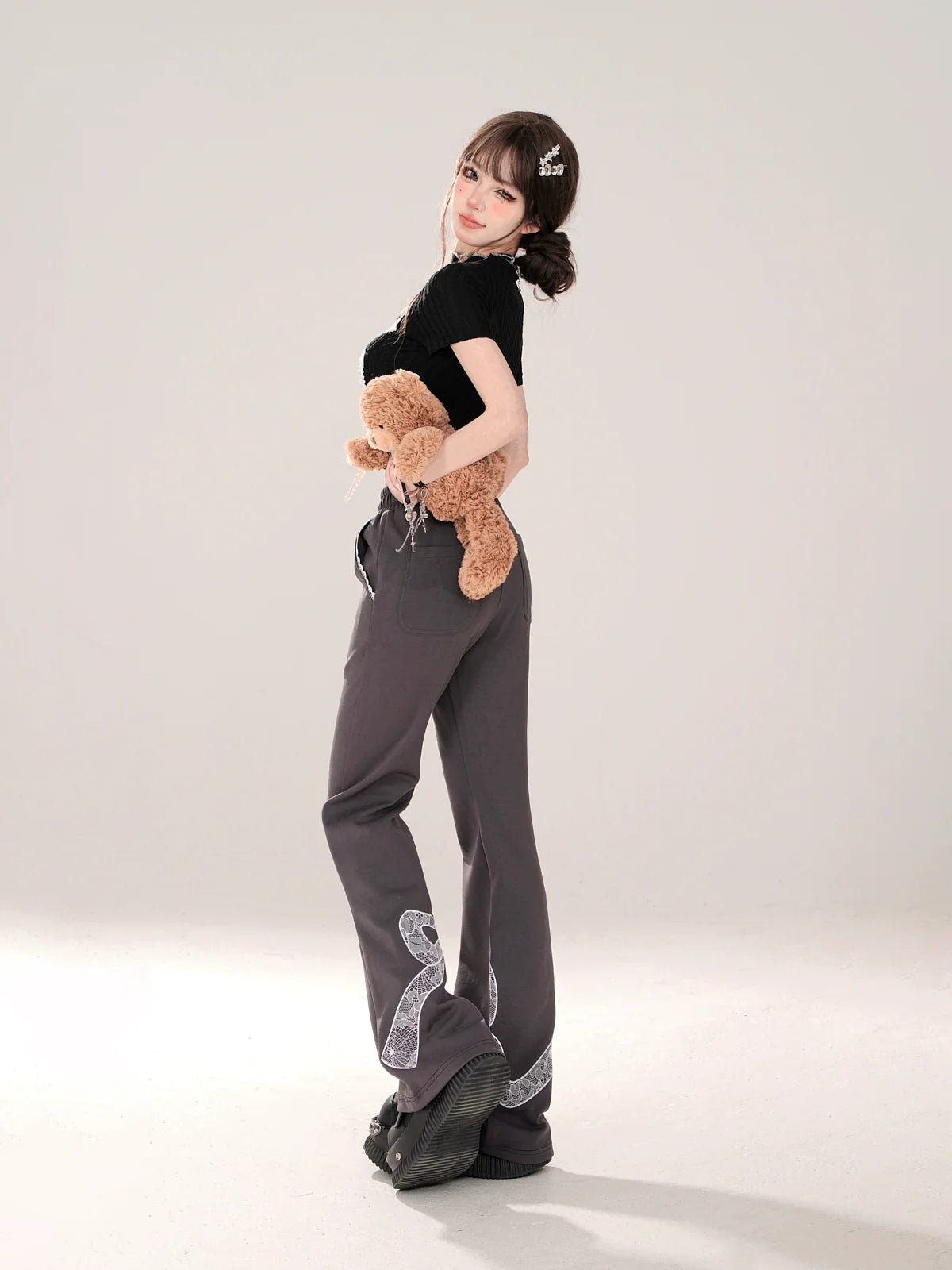 Niche Lace Design Casual Gray Ribbon Pants