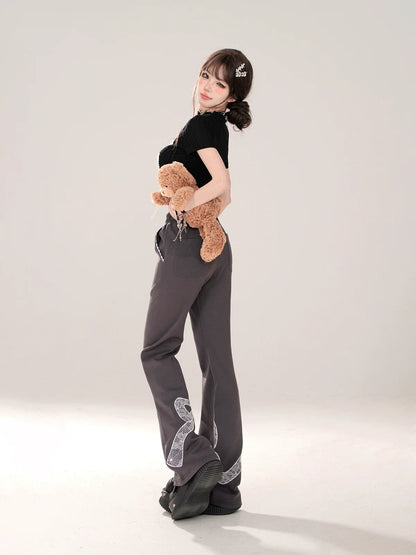 Niche Lace Design Casual Gray Ribbon Pants