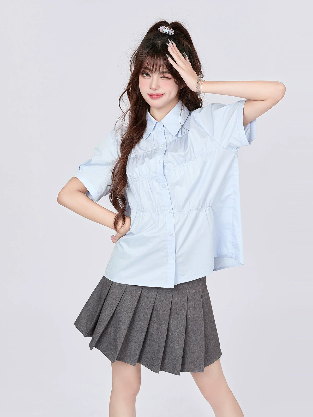 Pleated Blue Design Milk Shirt