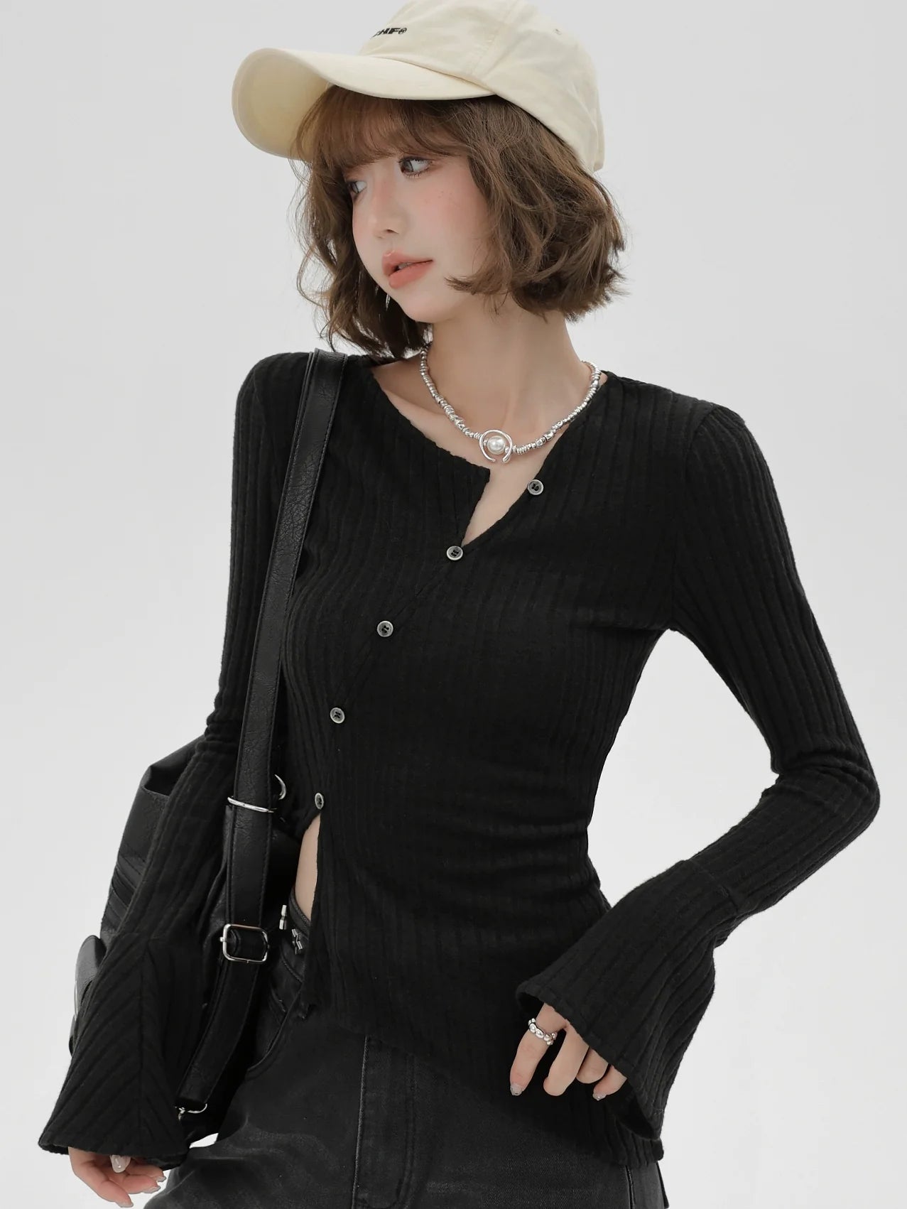 Vボタンウエストスリムシャツボトルネック斜め