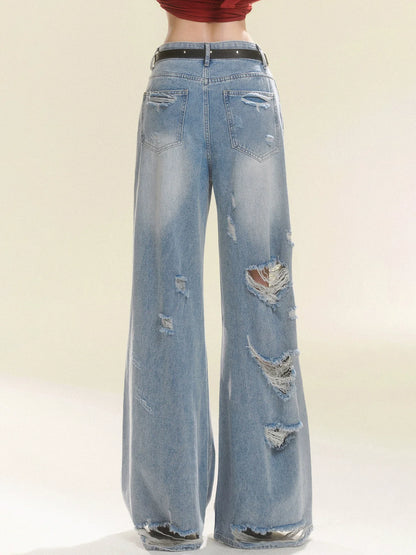 Long Pants Denim Damaged Wide