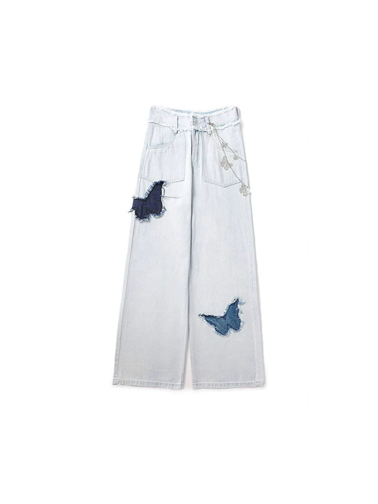 Blue Denim Wide White Butterfly Pants Design
