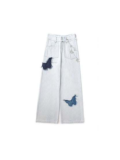 Blue Denim Wide White Butterfly Pants Design