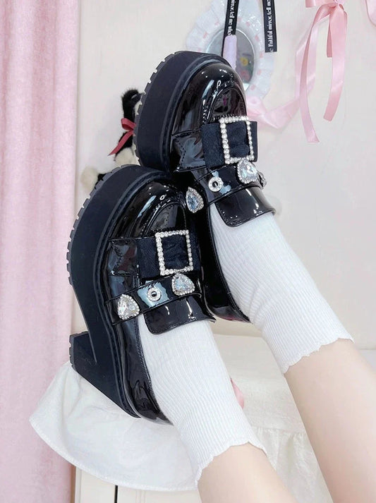 Enamel Platform Shoes Matte Toe Jewel Pointed Black Black Loafer