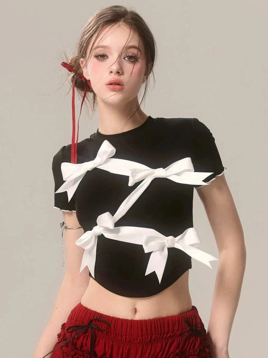 Short Black Ribbon Slim Niche T-Shirt
