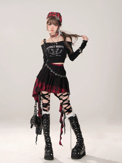 Short T-Shirt Off-the-shoulder Long Slim Black Sleeve