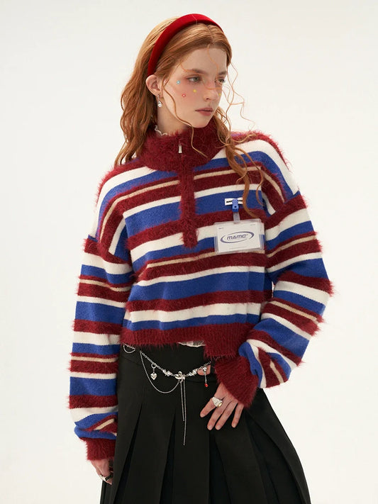 Zipper Half Turtleneck Polo Striped Short Sweater