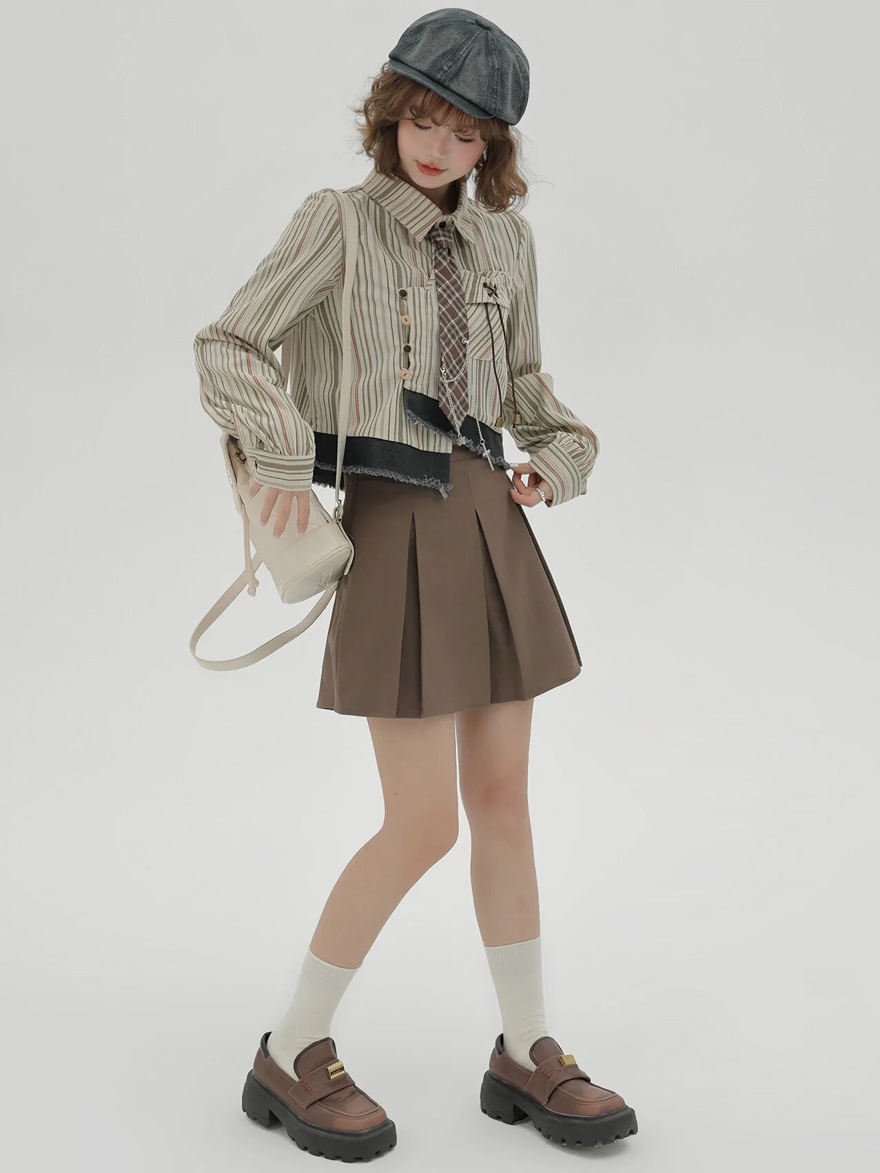 Stripe Shirt Tie Retro Splicing Check American Design Short