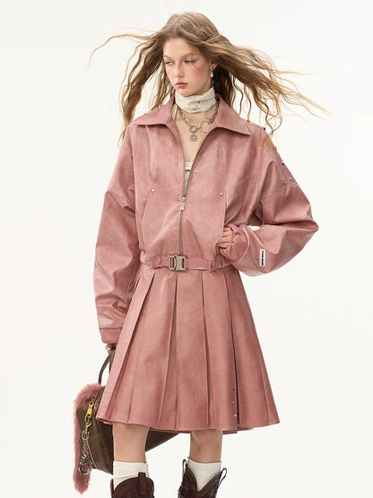 Veste en cuir mode endommagée + jupe moyenne + manteau en cuir avec ceinture