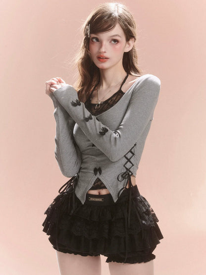 Lace-Up Slit Side Ribbon Top
