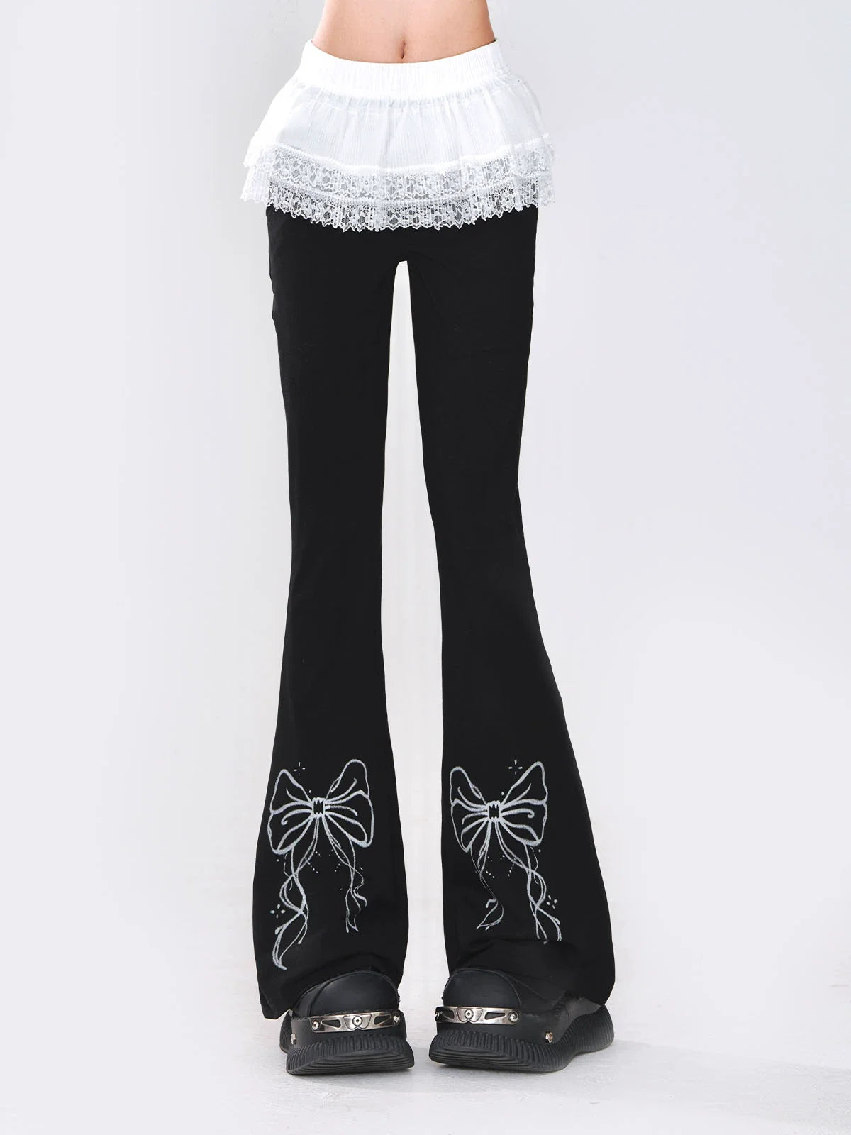 Ribbon Design Lace Pants Flared + Skirt