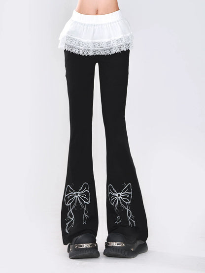 Ribbon Design Lace Pants Flared + Skirt