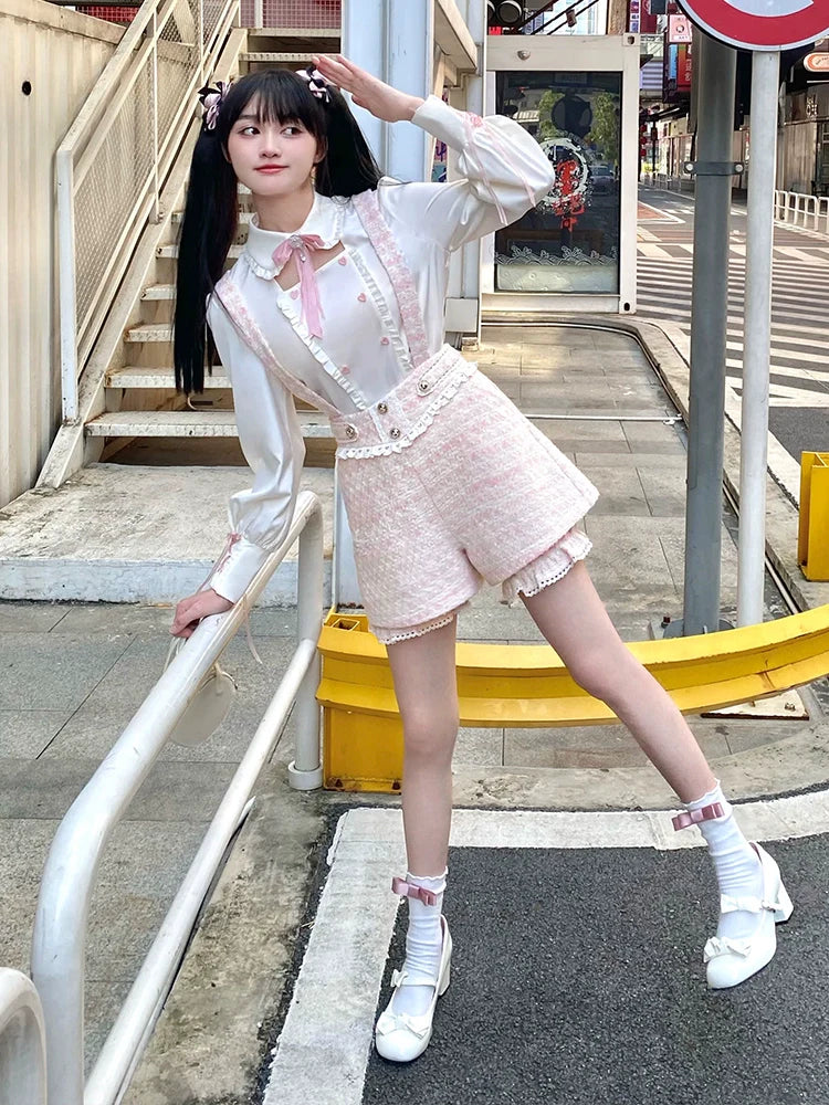 Girl Blouse Pants Pink Suspender Pure Tweed