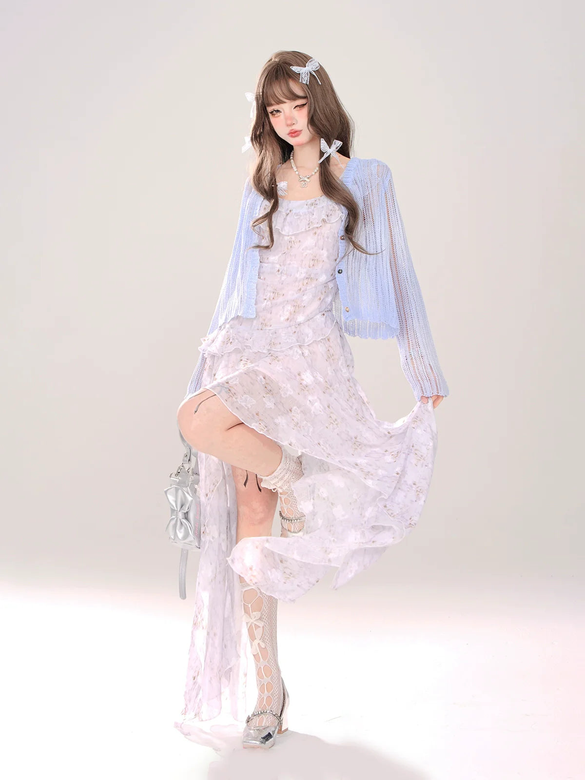 Sheer Floral Ruffle Sweet Dress Cardigan + Irregular Milky Long
