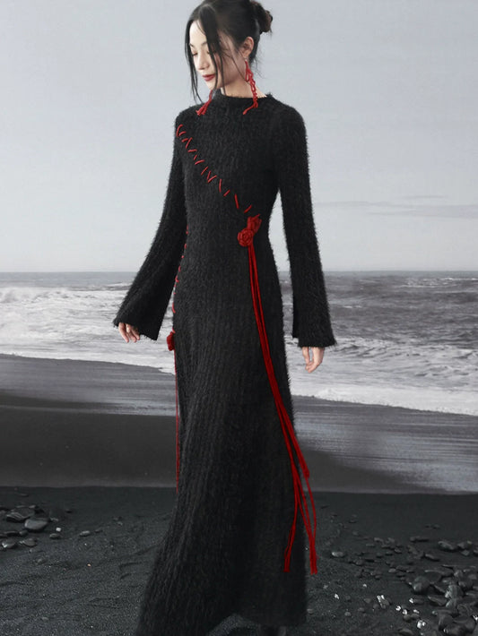 Contrast Dress Rose Irregular Red Knit Sleeve Dark Black Bell