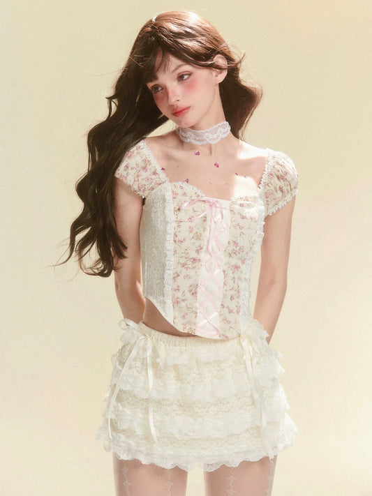 Open Neck Flower Lace-up Top