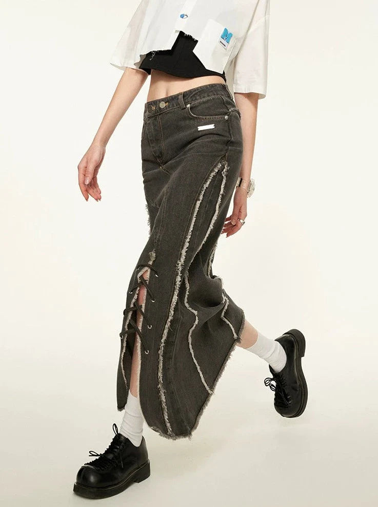 Slit Asymmetrical Damaged Skirt Denim Retro
