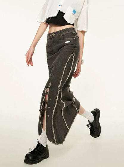 Slit Asymmetrical Damaged Skirt Denim Retro
