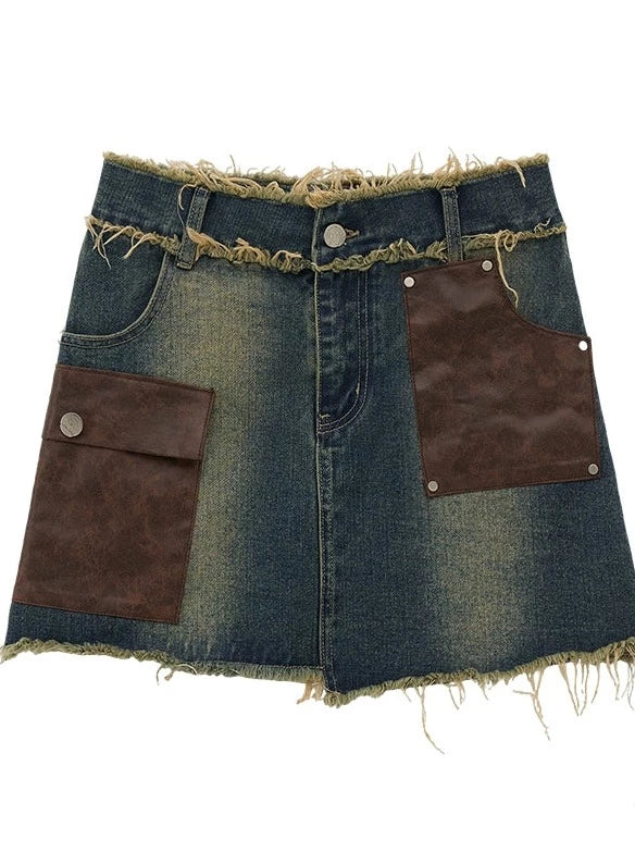 Veste en jean Osh Denim + Jupe Patchwork Cuir Court Rétro