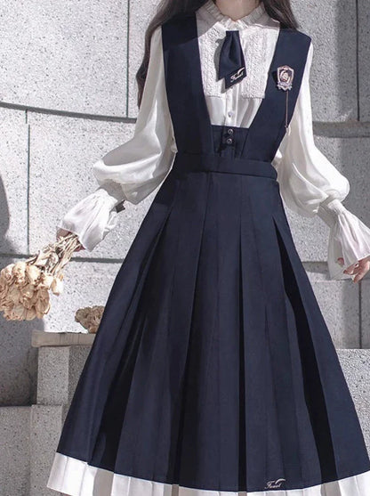 Style Beret + Emblem Elegant Ruffle + College Chiffon Dress + Blouse Tie Retro Cyan