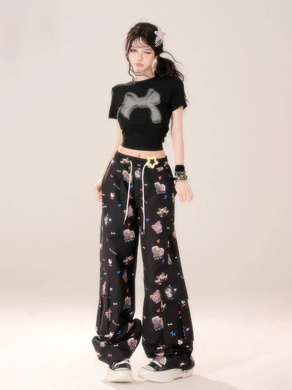 Casual Niche Pants Black Design Hook Cat