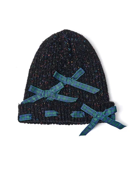 Haut en tricot côtelé à ruban + Bonnet en tricot à ruban + Fleurs en tricot