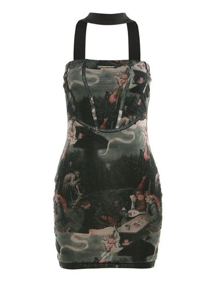 Neckhole Illustration Retro Art Dress