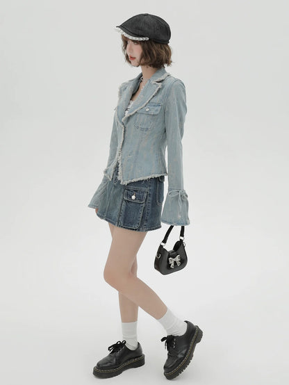 Retro American Wash Anzugkragen Jeansjacke