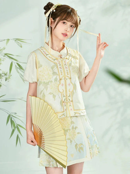 Chemise chinoise + jupe + gilet à manches bouffantes en jacquard
